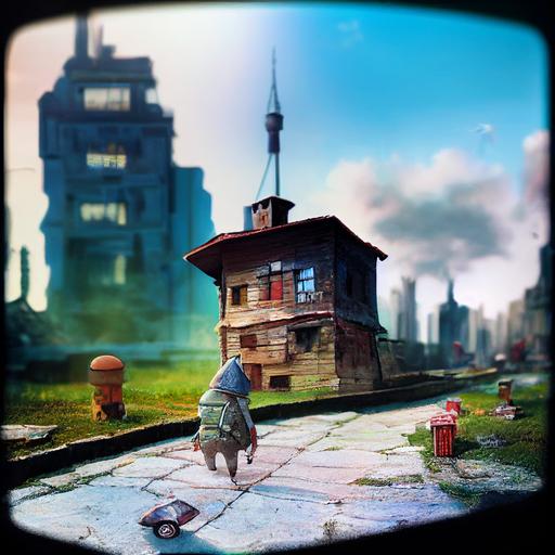 High quality mobile phone picture of Happy Cartoon Roach wandering around photo realistic ruined city, hyperdetailed, photo realistic, 8k --test --creative