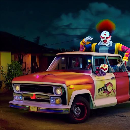 Tik Tok footage of clowns wearing chest rigs and rifles chilling in bed of clown pickup truck, POV, 4k, subtropical suburban area --test --creative --upbeta --upbeta