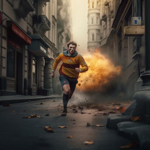 Australian Male Rugby supporter wearing Wallaby fan clothes running away from a Nuclear explosion in Lyon France ::photorealistic --v 5.0 --s 750