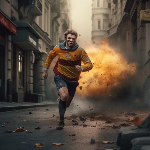 Australian Male Rugby supporter wearing Wallaby fan clothes running away from a Nuclear explosion in Lyon France ::photorealistic --v 5.0 --s 750