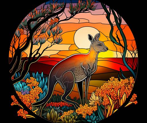 Australian outback sunset stained glass background, ultra realistic kangaroo, Australian flowers, 8k, vibrant --ar 37:32
