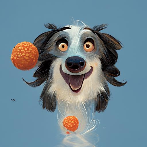 Australian shepherd as a cartoon character chasing a ball