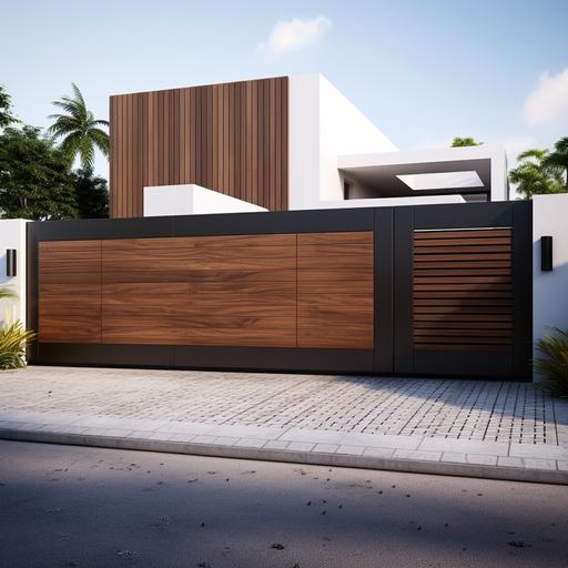 Automatic Sliding gate that is set up in the driveway, metal + Wood , front view, Minimalistic gate design, most realistic design, he ratio of height to length is 6x20 (Height 6, length 20)