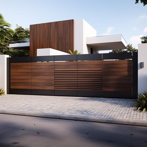 Automatic Sliding gate that is set up in the driveway, metal + Wood , front view, Minimalistic gate design, most realistic design, he ratio of height to length is 6x20 (Height 6, length 20)