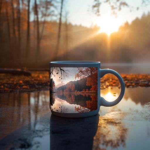 Autumn coffee mug with daylight reflection and focus on mug with 8k clarity