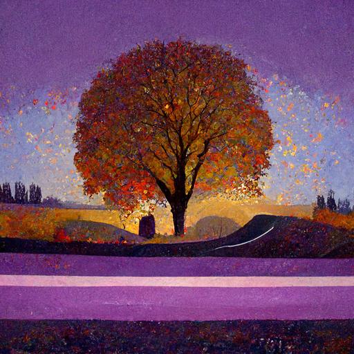 Autumn trees with evening sun with purple stone and bike