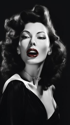 Ava Gardner's portrait as an Easter 🥚dracula vampire, captured by the legendary photographer Richard Avedon, showcasing her dracula teeth and timeless beauty and elegance. Intense red lipstick. The photograph is imbued with Avedon's signature style based on Dracula's movie, blending classic glamour with contemporary elements, creating a stunning and realistic portrayal of the iconic actress --ar 9:16 --q 2 --v 5