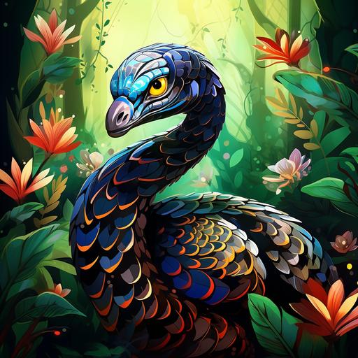 Avatar The Last Airbender Cartoon style, Hybrid animal Indian Cobra Snake with Peacock feathers and colouring, Jungle Background