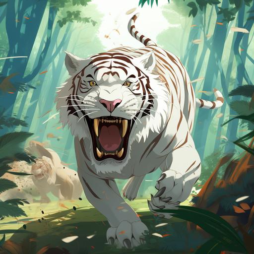 Avatar The Last Airbender Cartoon style, Sabre-Tooth Indian White Tiger, with huge tusks, Jungle Background