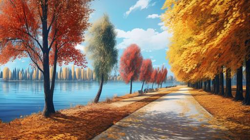 Avenue of colorfull trees in the fall nd turkis lake by an oil colored --ar 16:9
