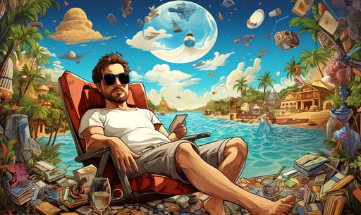 Average man on vacation, vector art, cartoon style, insanely detailed, elaborate, wide angle, masterpiece, --q 2 --ar 5:3