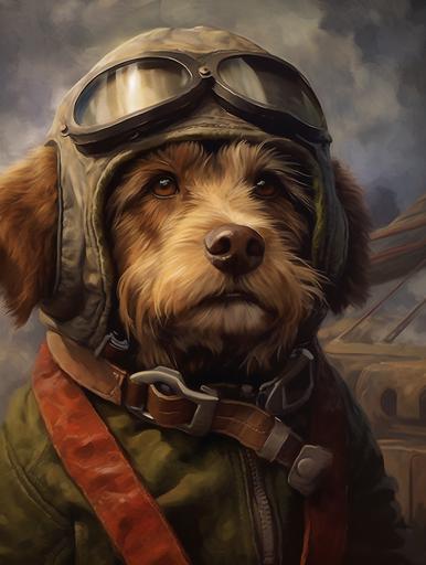 Aviator dog, pilot helmet, pilot costume, retro airplane cabin, humanization, oil painting, portrait --ar 3:4 --q 2 --upbeta