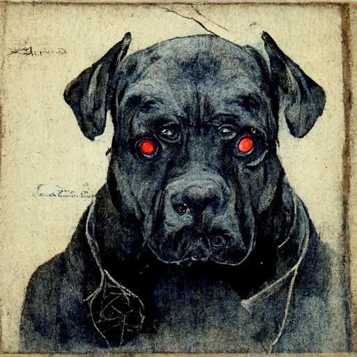 cane corso with red eyes, etching