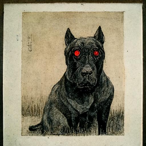 cane corso with red eyes, etching