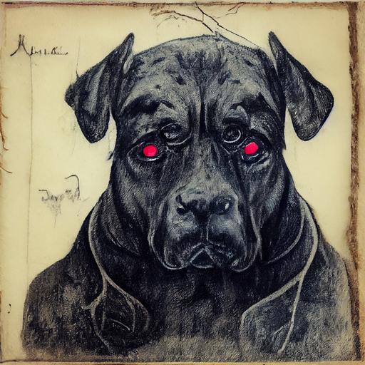 cane corso with red eyes, etching --upbeta