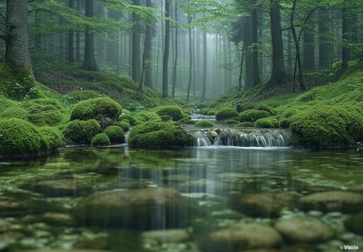 Award winning photography. A nature photo focusing on a tiny crystal clear stream which winds through mossy rocks in a dark and grim forest on a hillside in Bavaria. The light mist clings to the base of the wet trees. The shadows of the forest are filled with menace and evil. Something lurks out there in the forest. elegant, super detailed, high contrast, Grim. Highly realistic. Fantasy theme. --ar 13:9 --v 6.0 --s 780