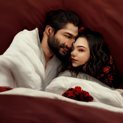 Aya Orozbaeva and Kerim Samratov doing love, in lacy,relationship, on the bed , red velvet bedding, high quality, 4k , realistic, good lightings,