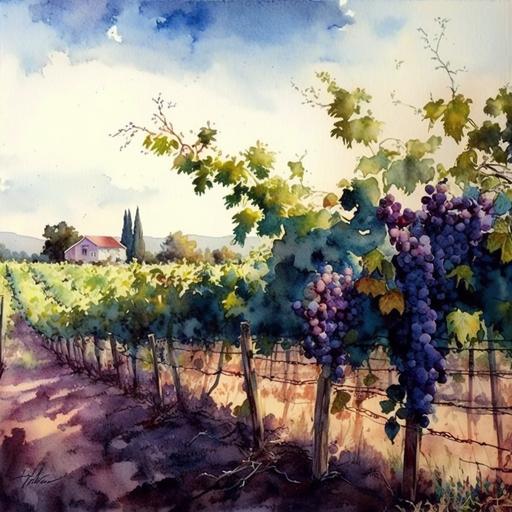 Watercolor painting of vineyard