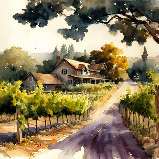 Watercolor painting of vineyard