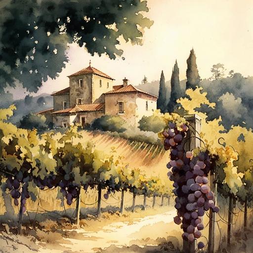 Watercolor painting of vineyard