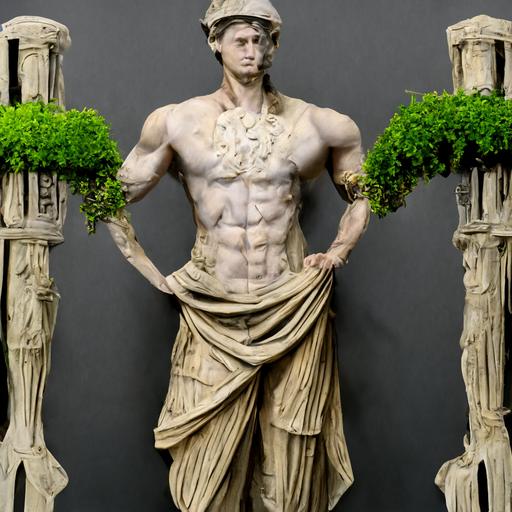 greek god hermes, statue, columnar ivy garden background, roman era, renaissance image details, hyperrealistic, 3d, mythology, artificial intelligence trends,