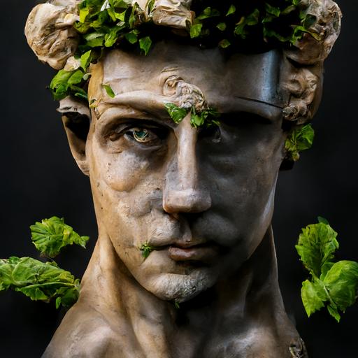 greek god hermes, statue, ivy garden background, roman era, renaissance image details, cinematic, high detail, hyperrealistic, 3d, mythology, artificial intelligence trends,
