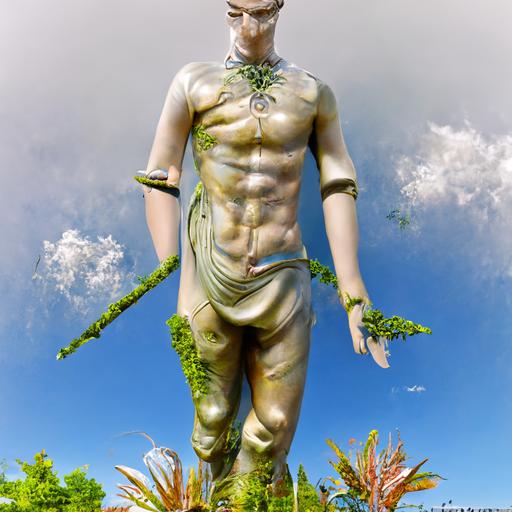 travel god hermes full body statue,hyper-realistic,3d,digital art,artificial intelligence trends,symmetrical,mystical lush garden,wide angle background