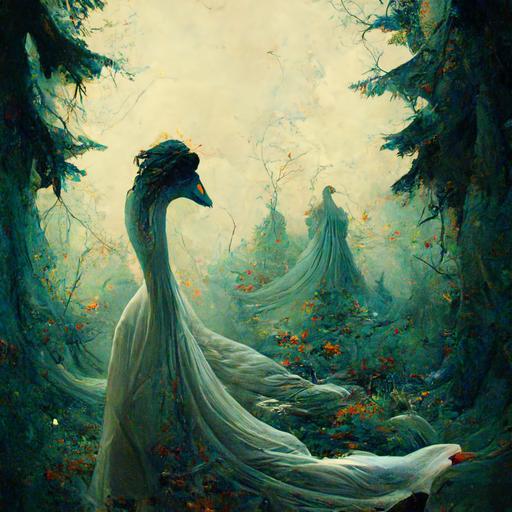 Ayzıt, the Goddess of beauty in Turkish mythology, wanders through the forest of Ötüken with her swans, the symbol of beauty.