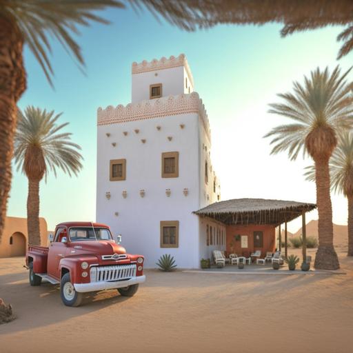 as a gingerbread house, old vintage dodge red truck in the foreground, white background, saudi palm trees surrounding house