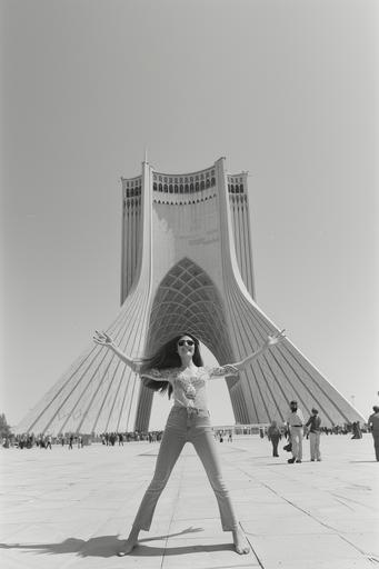 Azadi tower (full scale) in tehran with one women is dancing around freely --v 6.0 --ar 2:3