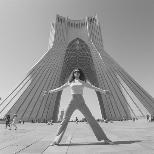 Azadi tower (full scale) in tehran with one women is dancing around freely --v 6.0 --ar 1:1