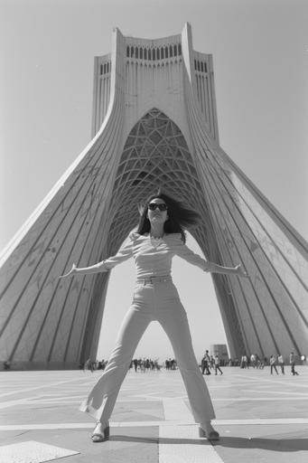 Azadi tower (full scale) in tehran with one women is dancing around freely --v 6.0 --ar 2:3