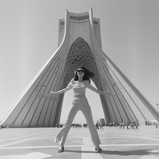 Azadi tower (full scale) in tehran with one women is dancing around freely --v 6.0 --ar 1:1