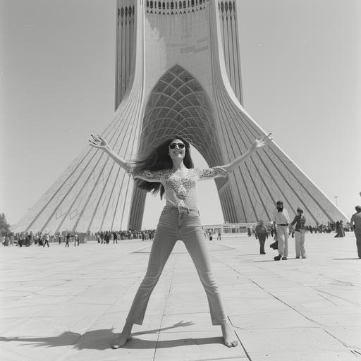 Azadi tower (full scale) in tehran with one women is dancing around freely --v 6.0