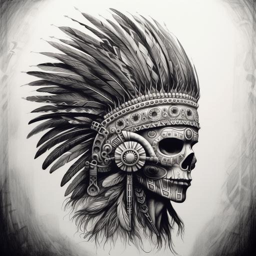 Aztec male warrior head in skeleton mask covered futuristic pattern, tilted to the left, in apache headdress tattoo sketch idea black and white
