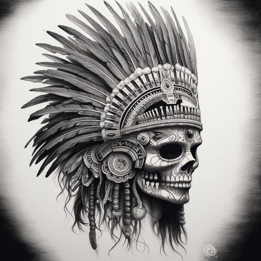 Aztec male warrior head in skeleton mask covered futuristic pattern, tilted to the left, in apache headdress tattoo sketch idea black and white