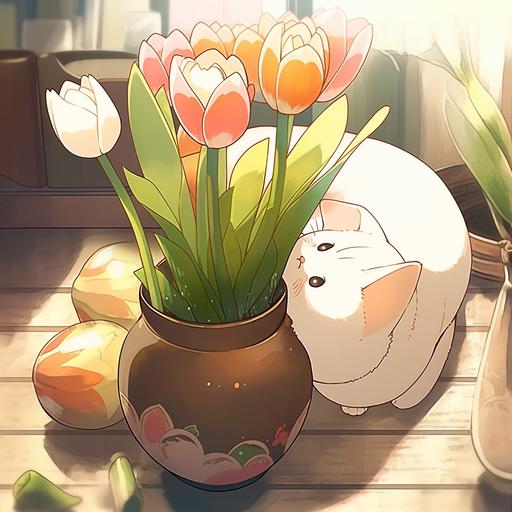 a cat playing a vase of tulip --niji 5