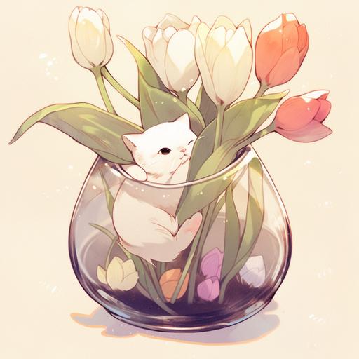 a cat playing a vase of tulip, cute, comfort, relax --niji 5