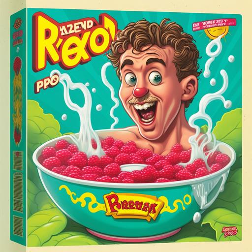 Cereal box cover art for a cereal. On the front are two cartoon raspberries in a cereal bow. Hot tub.