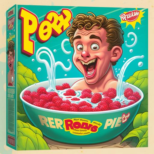 Cereal box cover art for a cereal. On the front are two cartoon raspberries in a cereal bow. Hot tub.