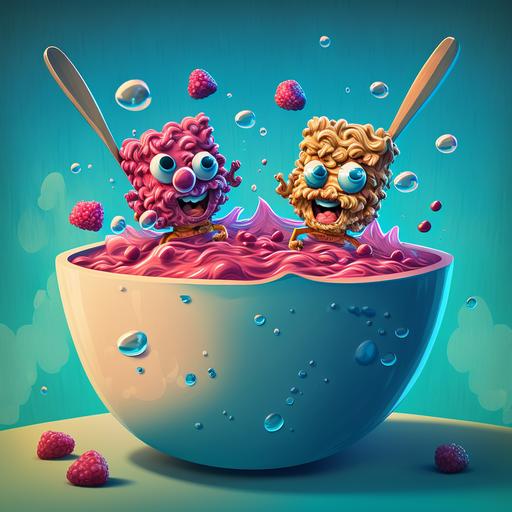 Cereal box cover art. Two cartoon raspberry people in a cereal bow. Hot tub.