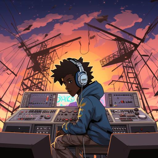 Pop art boondocks anime cartoon style with animated plane and recording studio in background