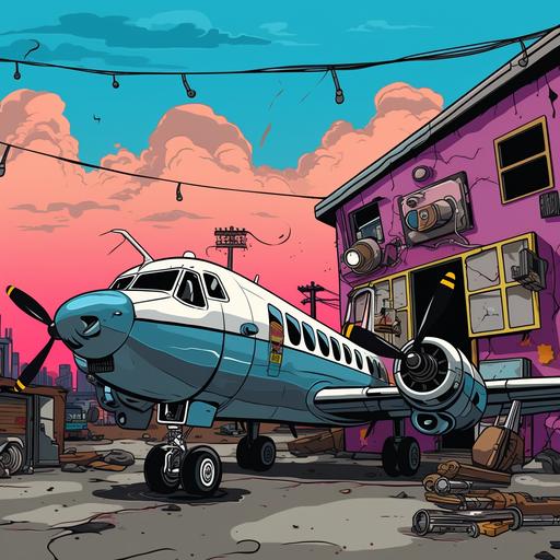 Pop art boondocks anime cartoon style with animated plane and recording studio in background