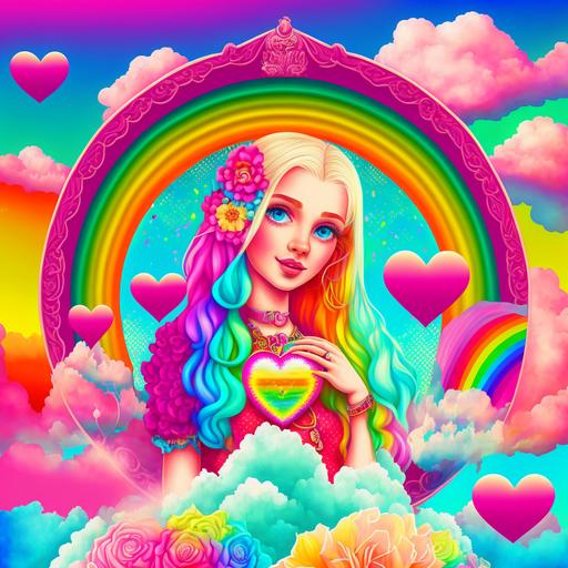barbie, rainbow, hearts, flowers sky, bright colors, Lisa frank style