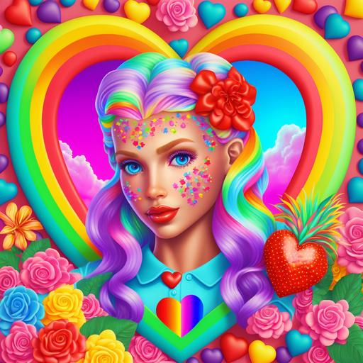 barbie, rainbow, hearts, flowers sky, bright colors, Lisa frank style