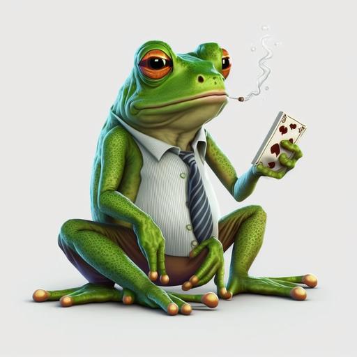 green frog cartoon playing poker , smoking cigarette , on white background in 4K