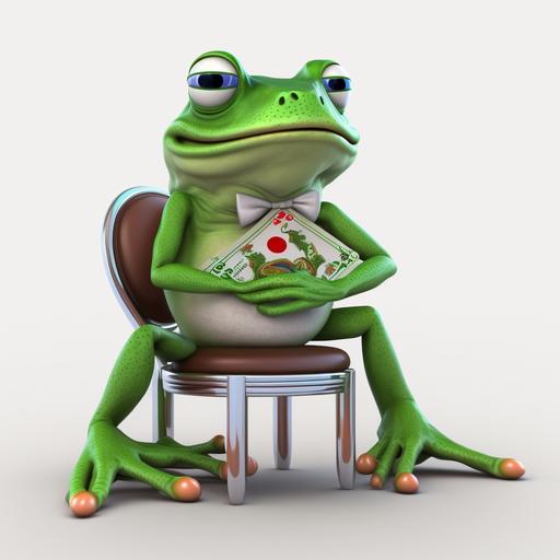 green frog cartoon playing poker on white background in 4K