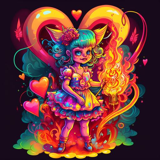 cute demon girl in dress, flames, hearts, lollipop, bright colors, Lisa frank style