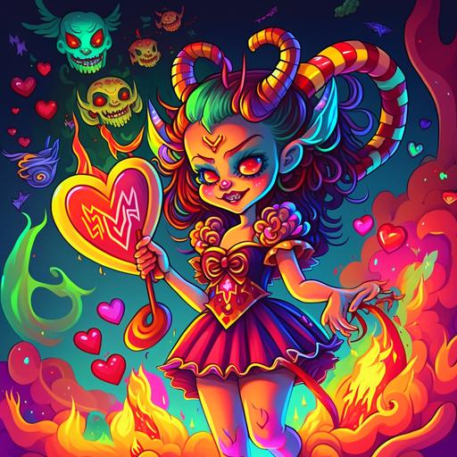 cute demon girl in dress, flames, hearts, lollipop, bright colors, Lisa frank style