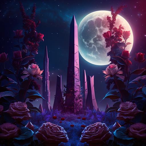 dark purple bioluminescent crystal obelisks coming out of the ground, deep red roses and vines growing, under the moon